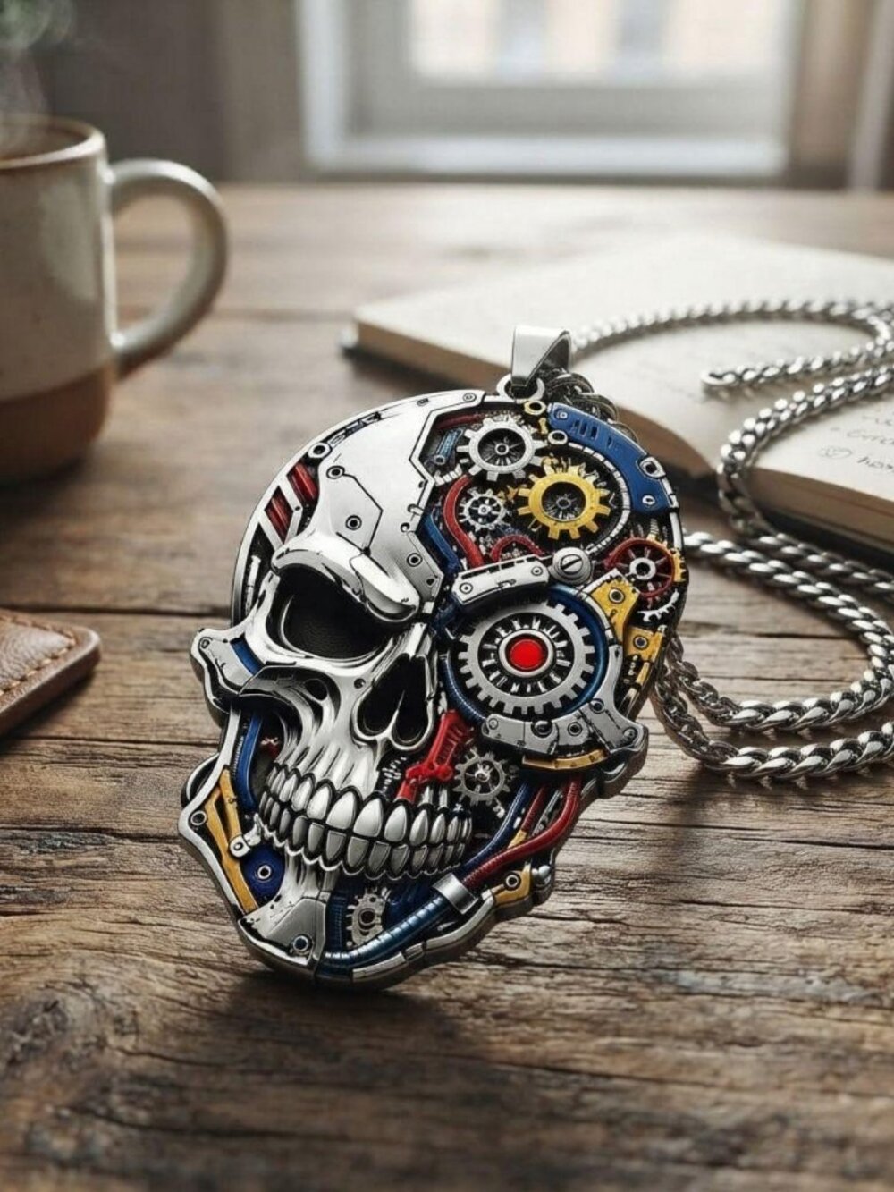 Mens 316L stainless steel mechanical gear skull pendant necklace